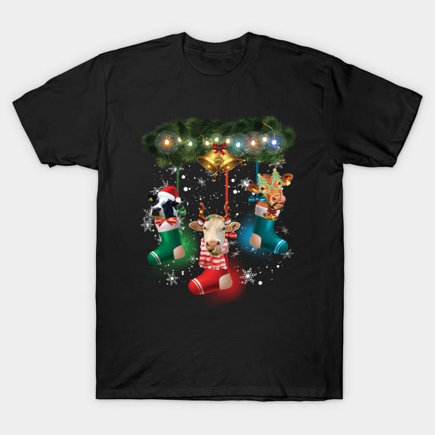 Cow In Socks Funny Cow Reindeer Hat Santa Christmas Lights T-Shirt by reginaturner